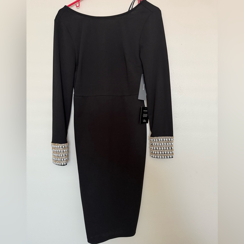 Lulu's Black Sheath Dress with Embellished Cuffed Sleeves